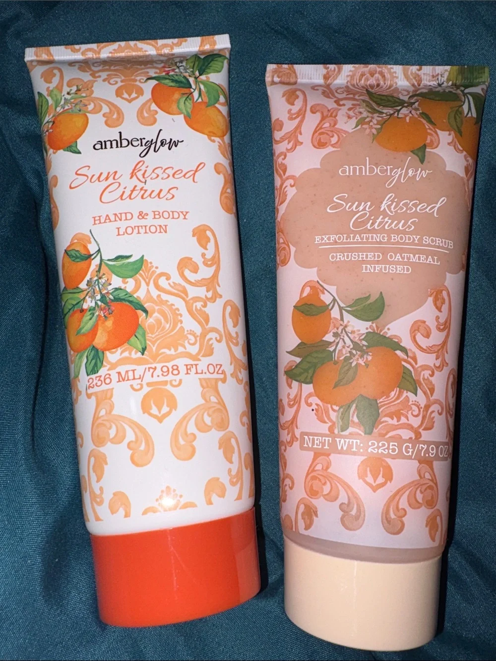 Sun Kissed Citrus Hand & Body Lotion & Sun Kissed Citrus Scrub.  Crushed oatmeal